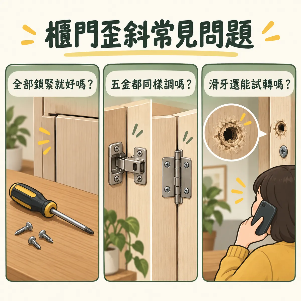 櫃門螺絲用途不同五金及滑牙問題常見問答