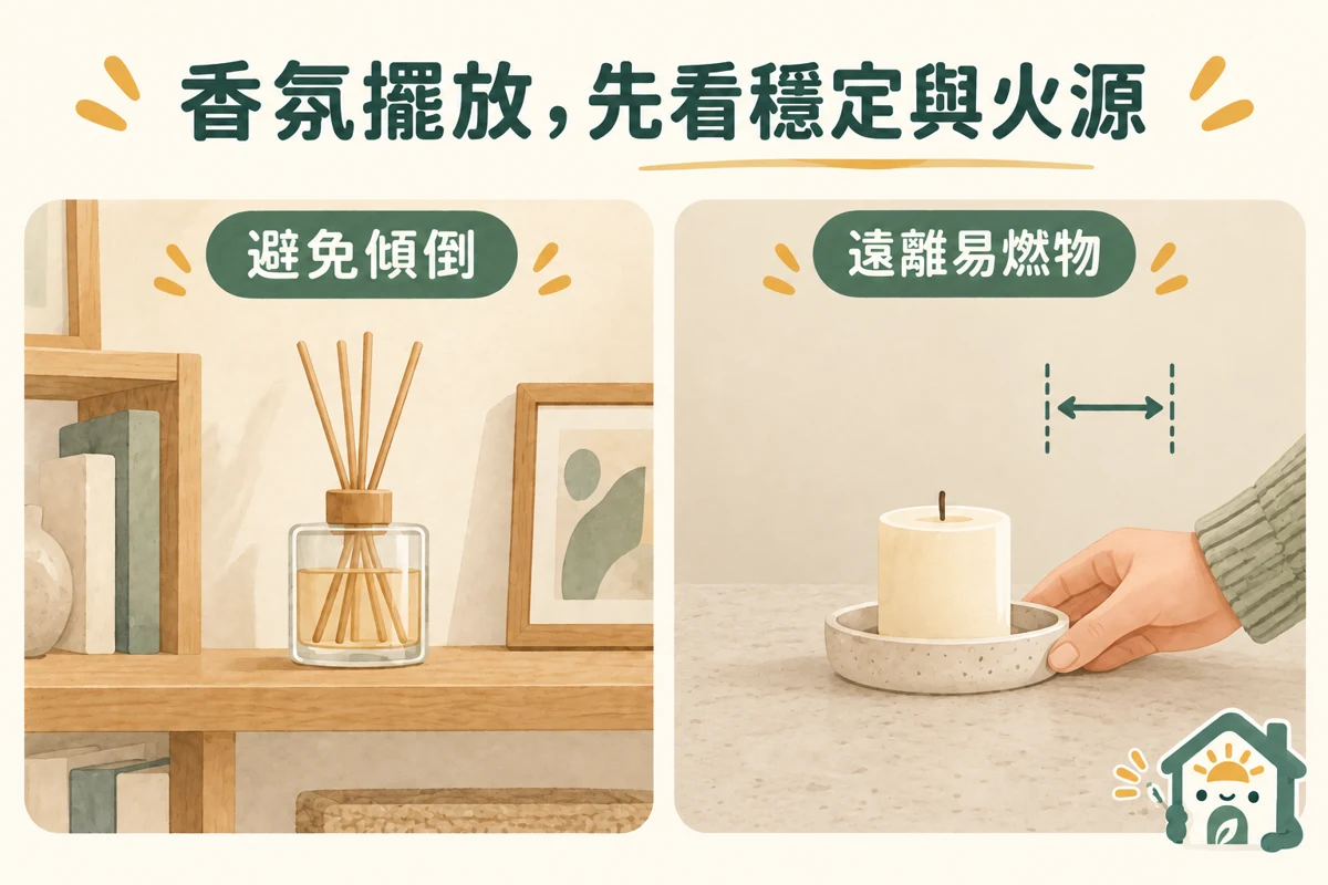 擴香瓶防傾倒與蠟燭遠離易燃物的擺放示意