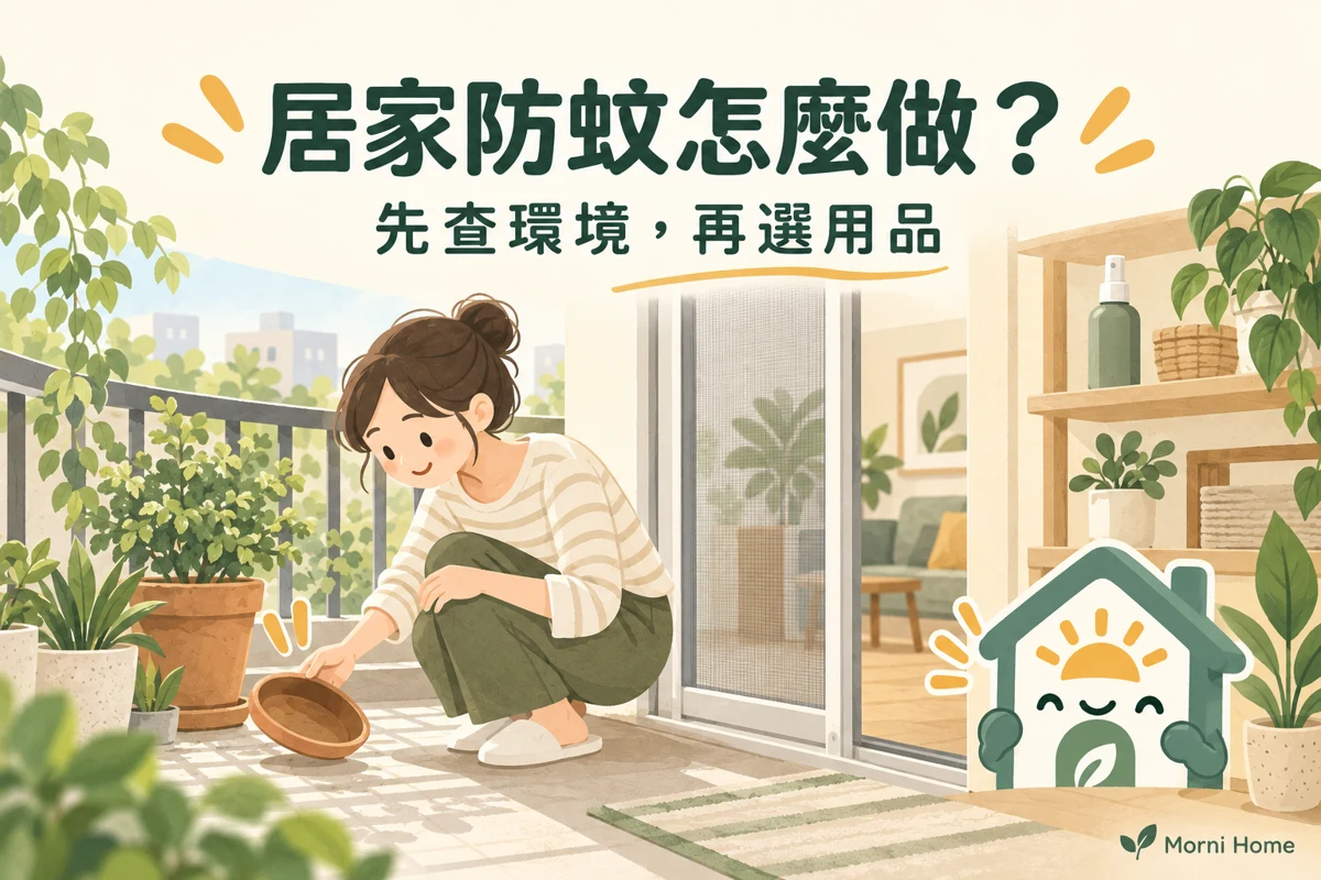 家庭檢查陽台積水與紗窗,並核對防蚊用品的情境插圖