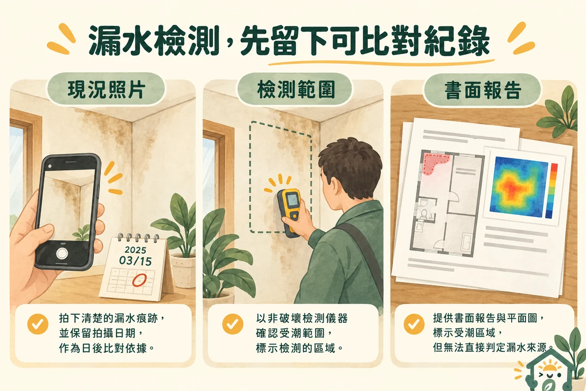 漏水現況照片檢測區域與書面報告的紀錄示意