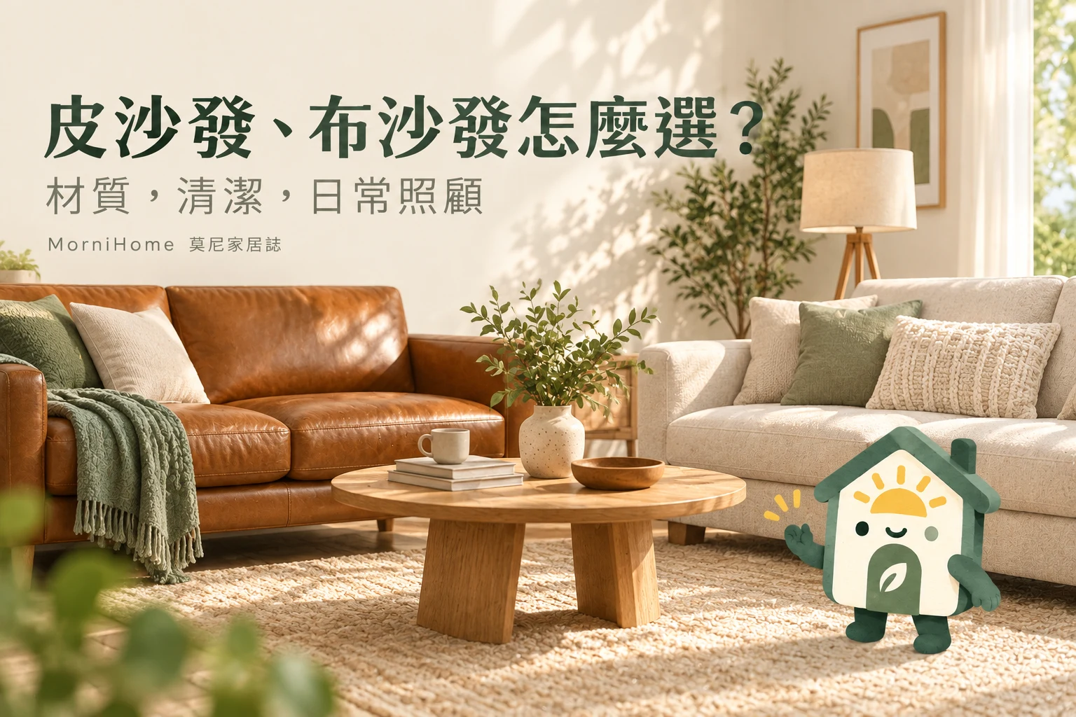 皮沙發、布沙發怎麼選？：居家情境與 MorniHome 吉祥物示意