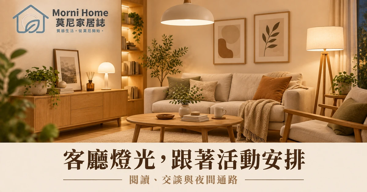 客廳整體光源與局部閱讀燈搭配的情境