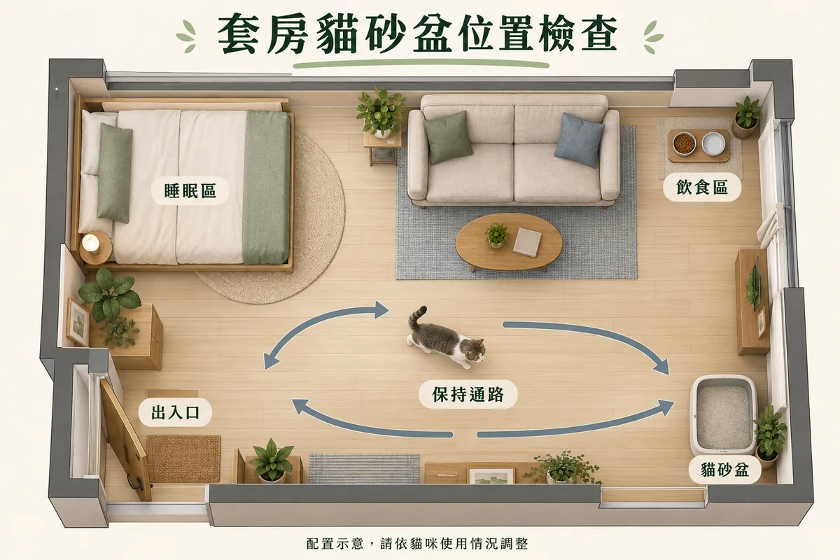 套房睡眠區、飲食區與貓砂盆分開配置並保留通路的概念圖