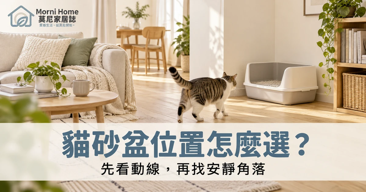 貓沿著開放通路走向客廳側邊砂盆的居家情境