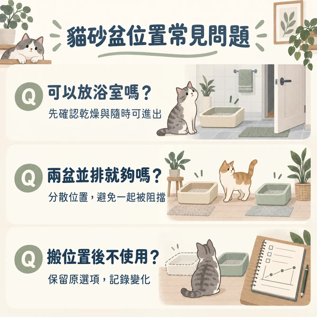 浴室放砂盆、分散砂盆位置與搬動後觀察的常見問題圖卡