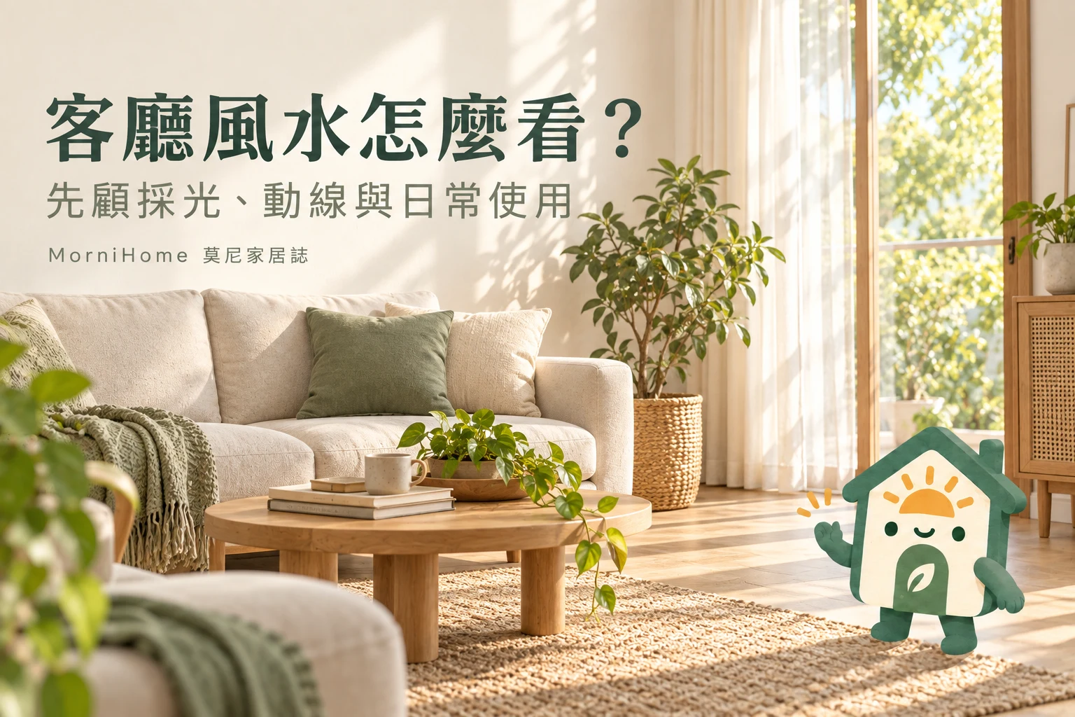 客廳風水指南封面，居家情境搭配 Morni 小屋插畫吉祥物