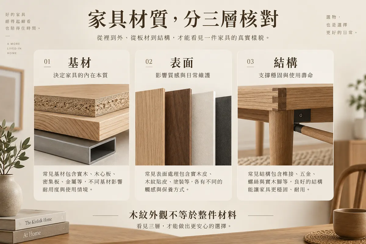 家具基材表面與結構三層分開核對示意