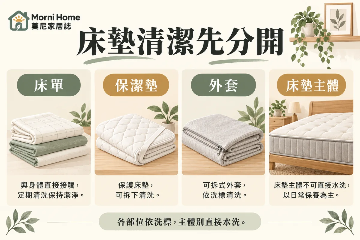 床單、保潔墊、外套與床墊主體分開處理的清潔示意