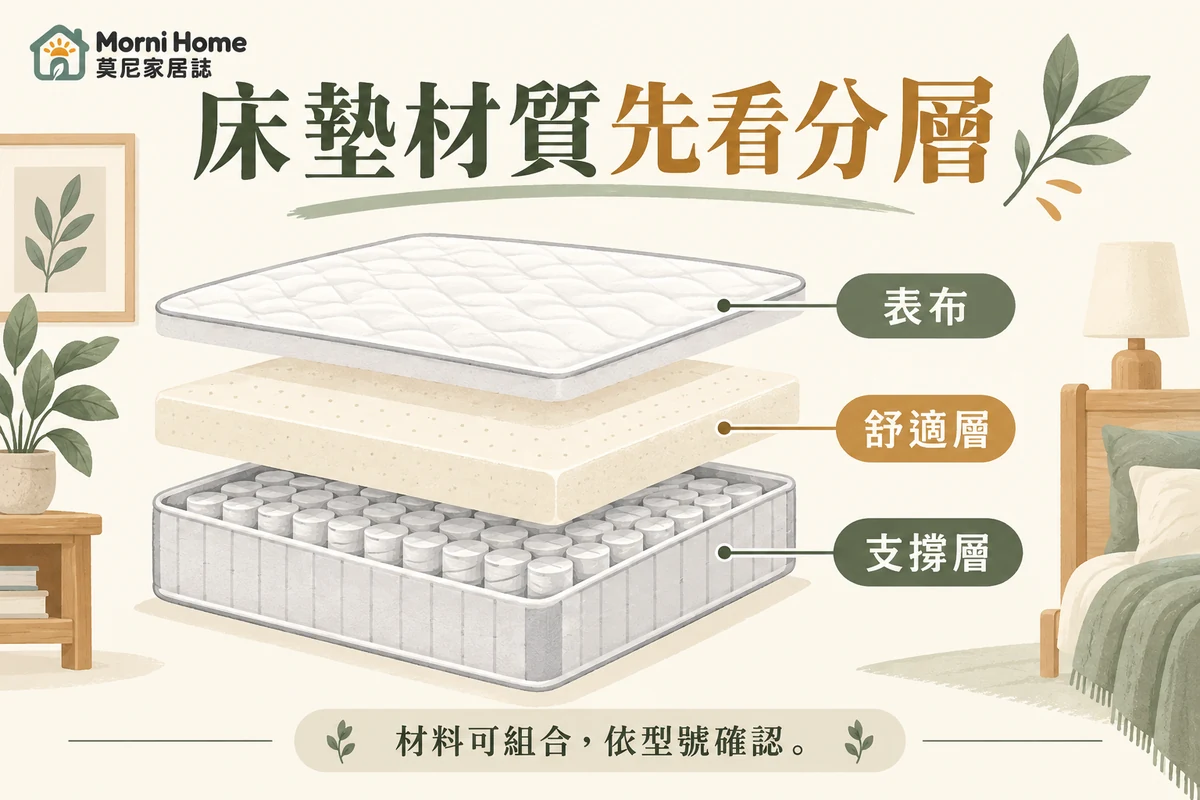 床墊表布、舒適層與支撐層的概念分層示意