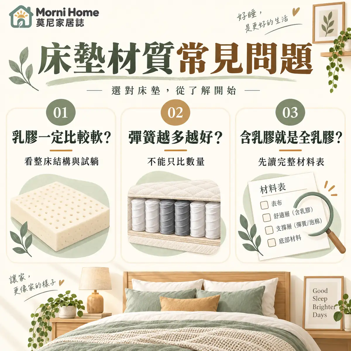 床墊乳膠軟硬、彈簧數量及完整材料表的常見問題圖卡