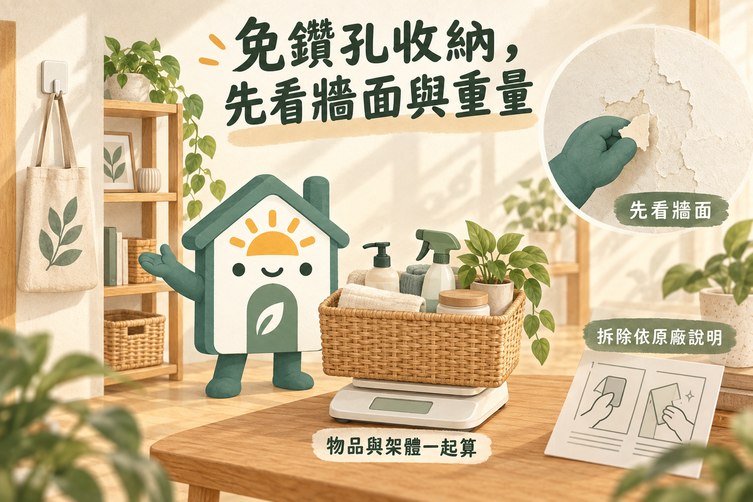 檢查牆面、合計物品與架體重量及依說明拆除的免鑽孔收納示意
