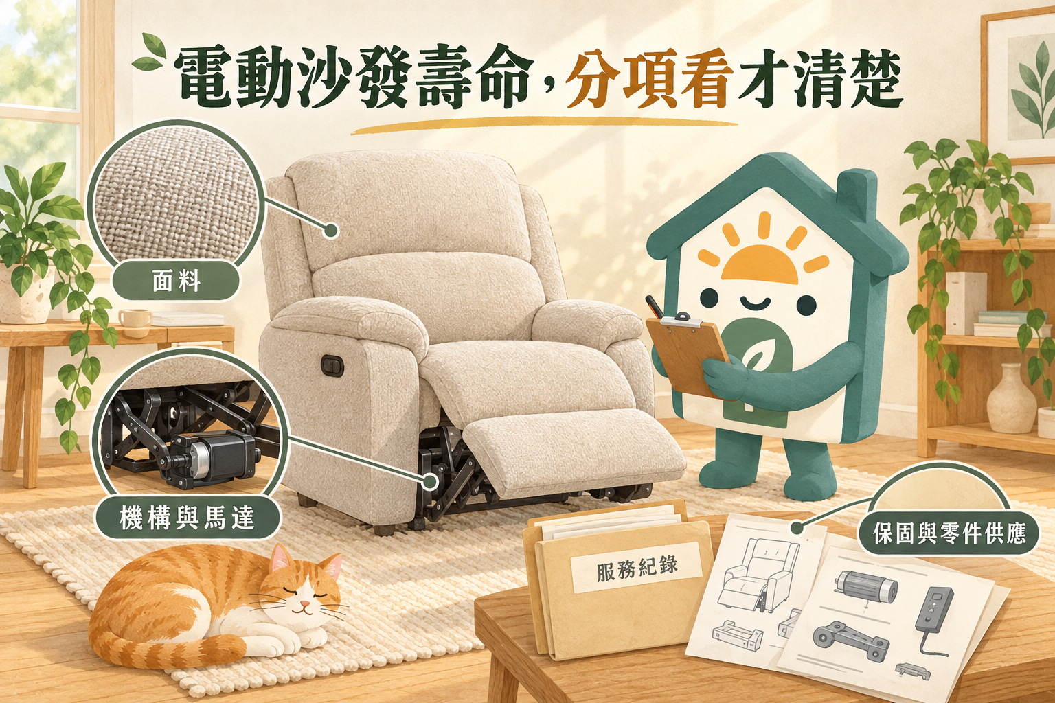 電動沙發面料、機構馬達與保固零件紀錄的分項檢查示意