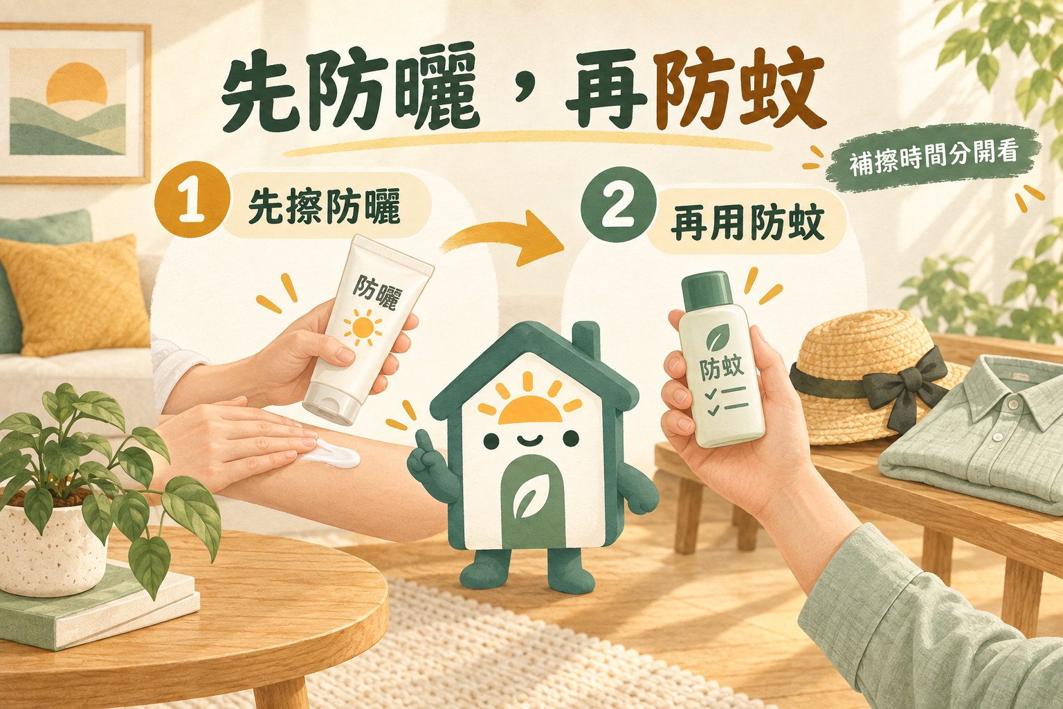 成人先擦防曬再使用防蚊產品，補擦時間分開判斷的順序示意