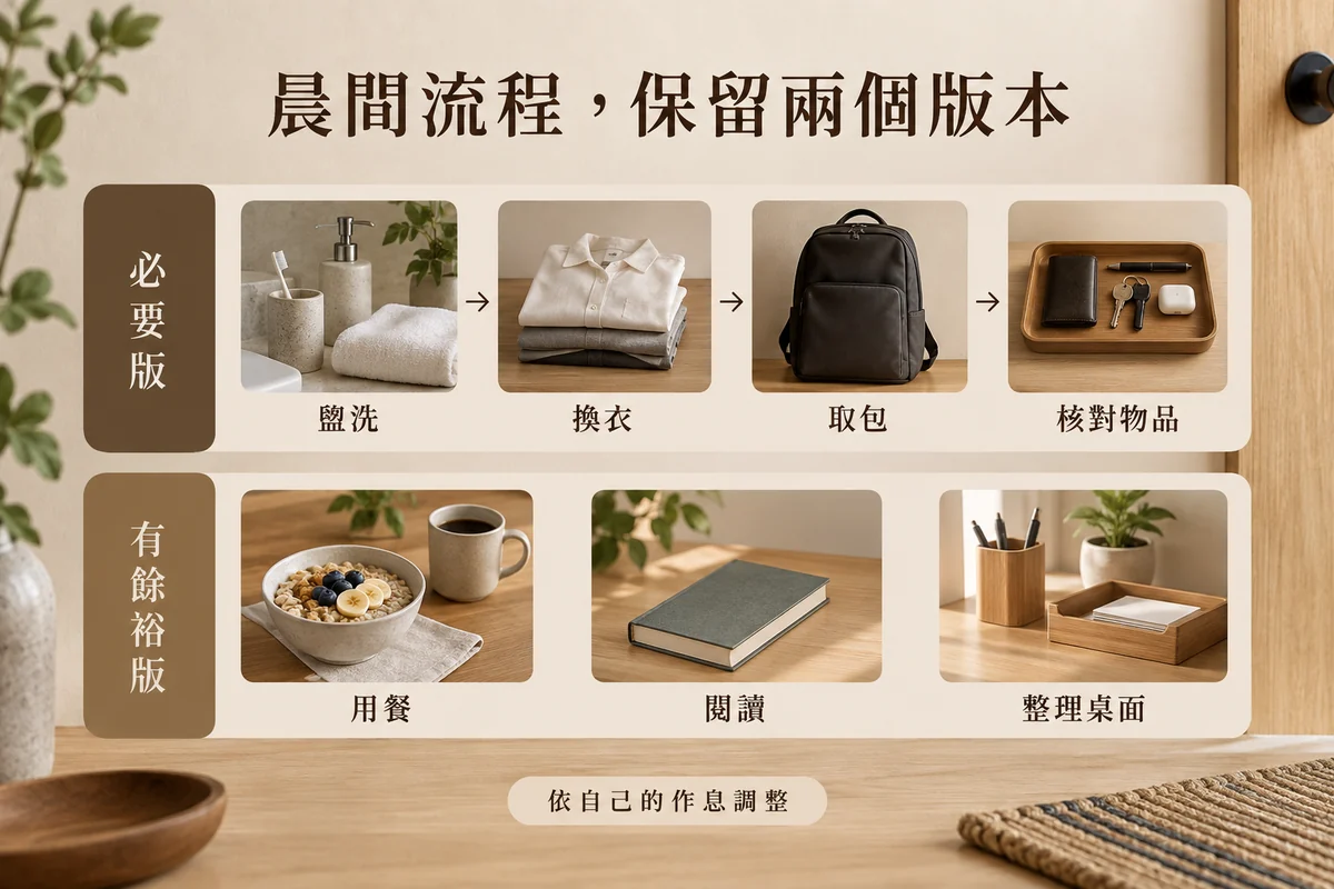 盥洗換衣取包核對物品的必要流程及可選活動