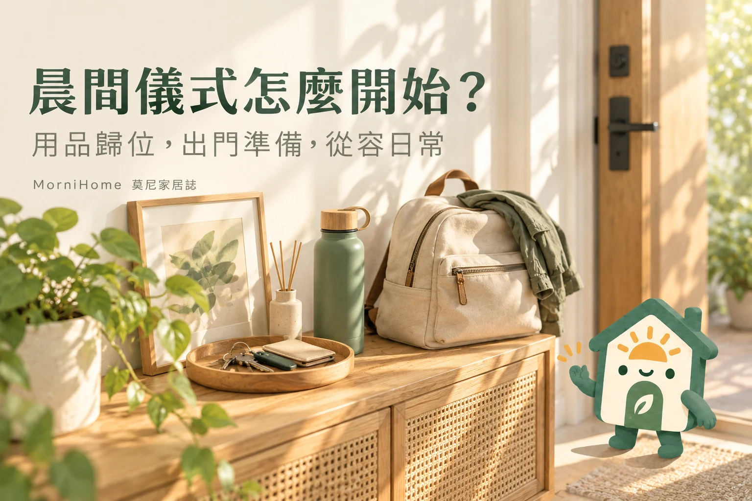 晨間儀式怎麼開始?:居家情境與 MorniHome 吉祥物示意