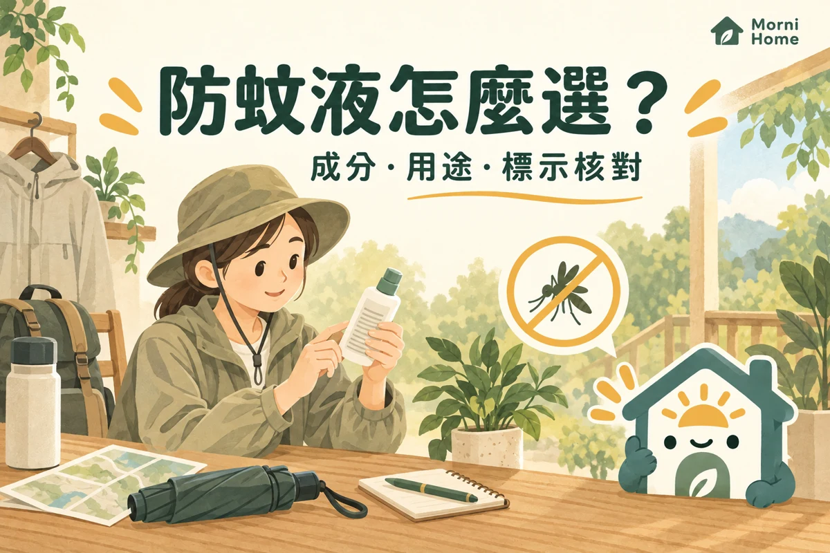 戶外活動前查看防蚊液瓶身標示的情境插圖