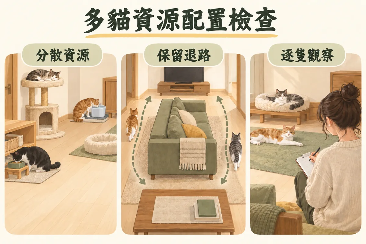 多貓資源分散保留退路與逐隻觀察的配置示意