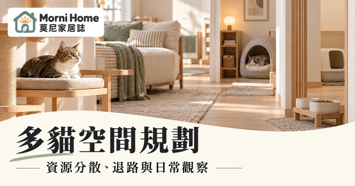 多貓空間規劃封面，貓在不同位置休息的居家情境