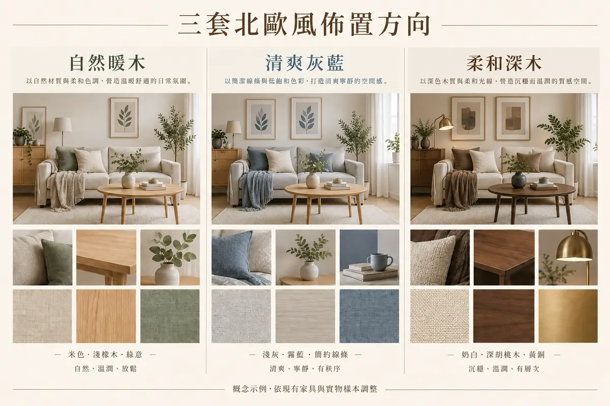 自然暖木清爽灰藍柔和深木三套北歐風材質配色概念