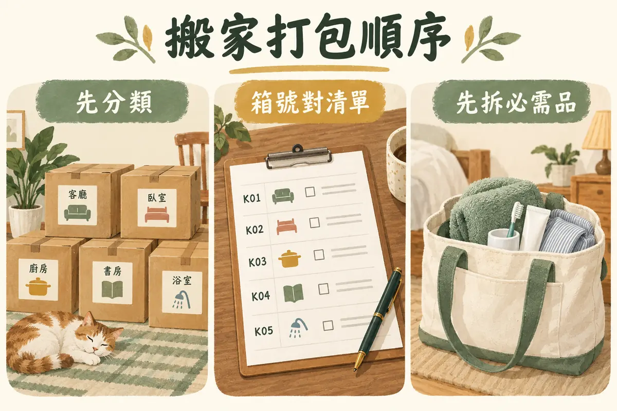 搬家分類箱號對清單與優先取用必需品三步驟