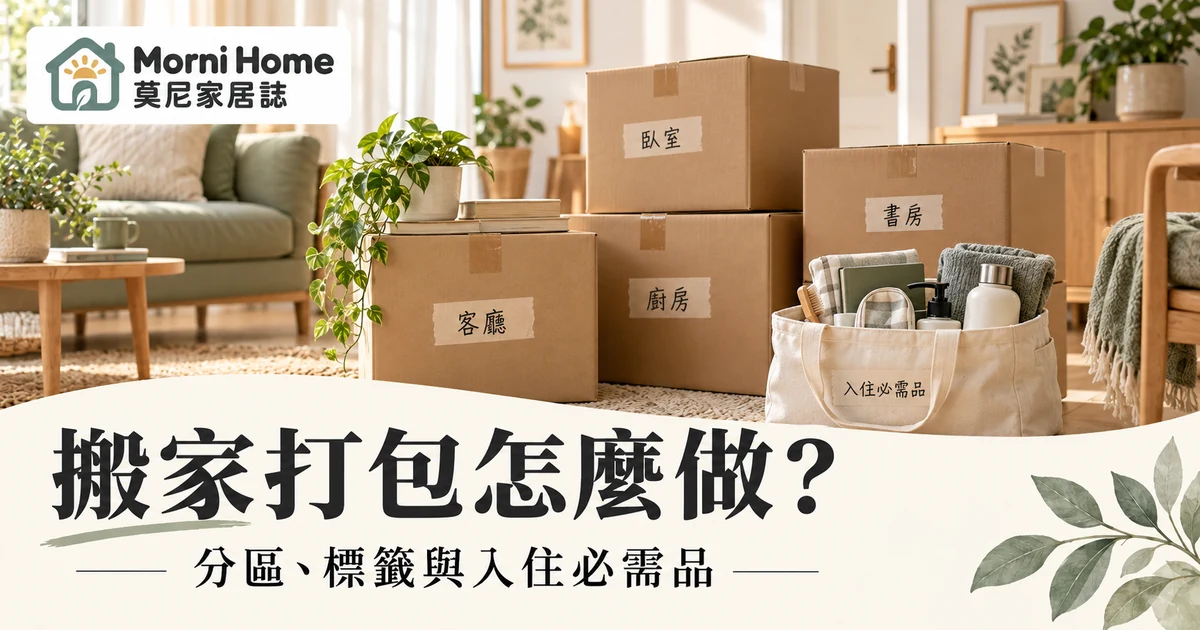 搬家打包封面,按房間標示的紙箱與入住必需品袋