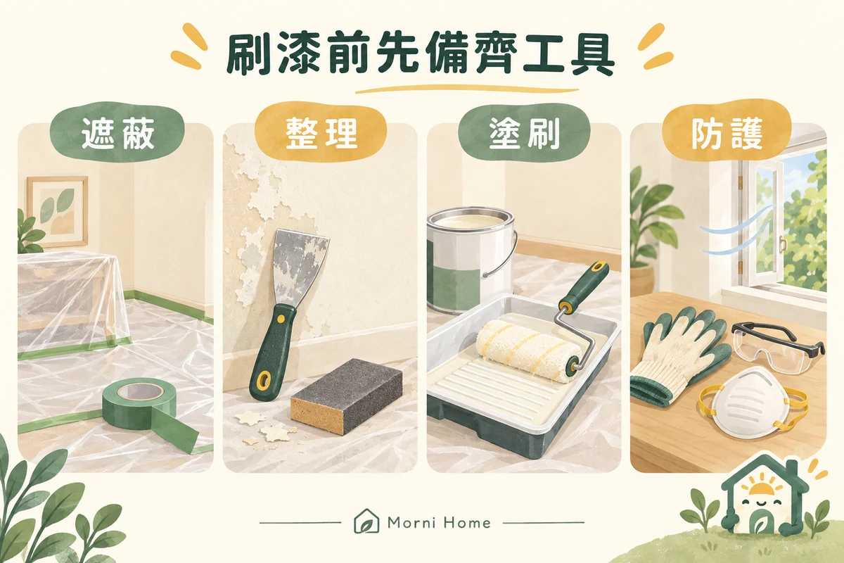 刷漆前的遮蔽膠帶、刮刀、滾筒、防護用品與通風示意