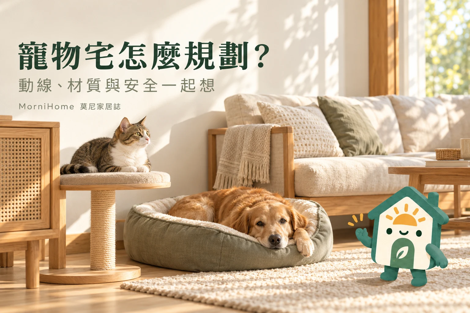 寵物宅指南封面,居家情境搭配 Morni 小屋插畫吉祥物