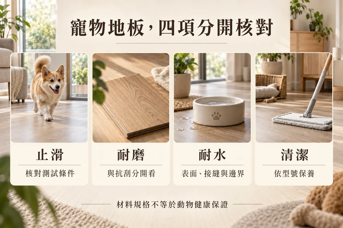 寵物地板止滑耐磨耐水與清潔四項分開核對圖
