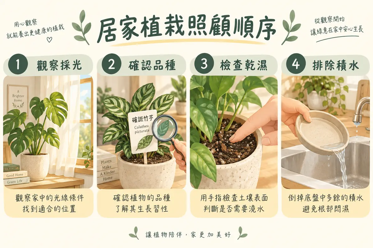 居家植栽觀察採光確認品種檢查乾濕與排除積水示意