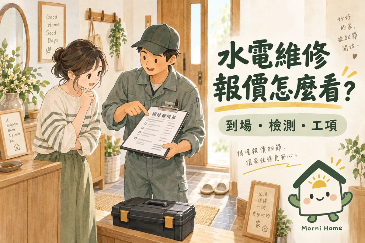 屋主與維修人員討論報價，工具箱保持關閉的情境插圖