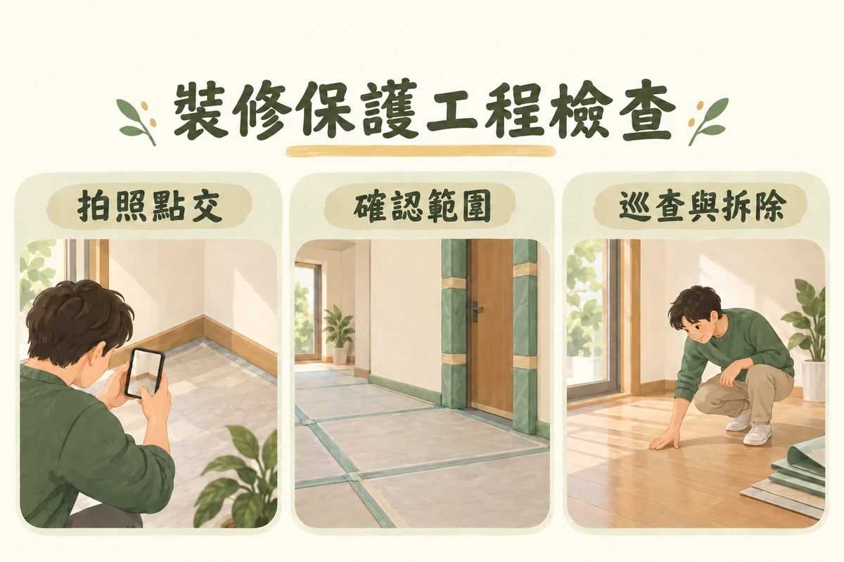 裝修保護拍照點交確認範圍與巡查拆除三階段