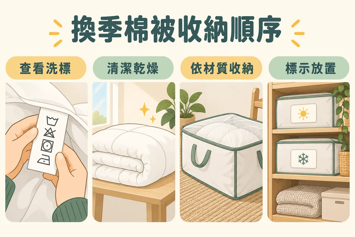 棉被查看洗標清潔乾燥依材質收納及標示放置四步順序