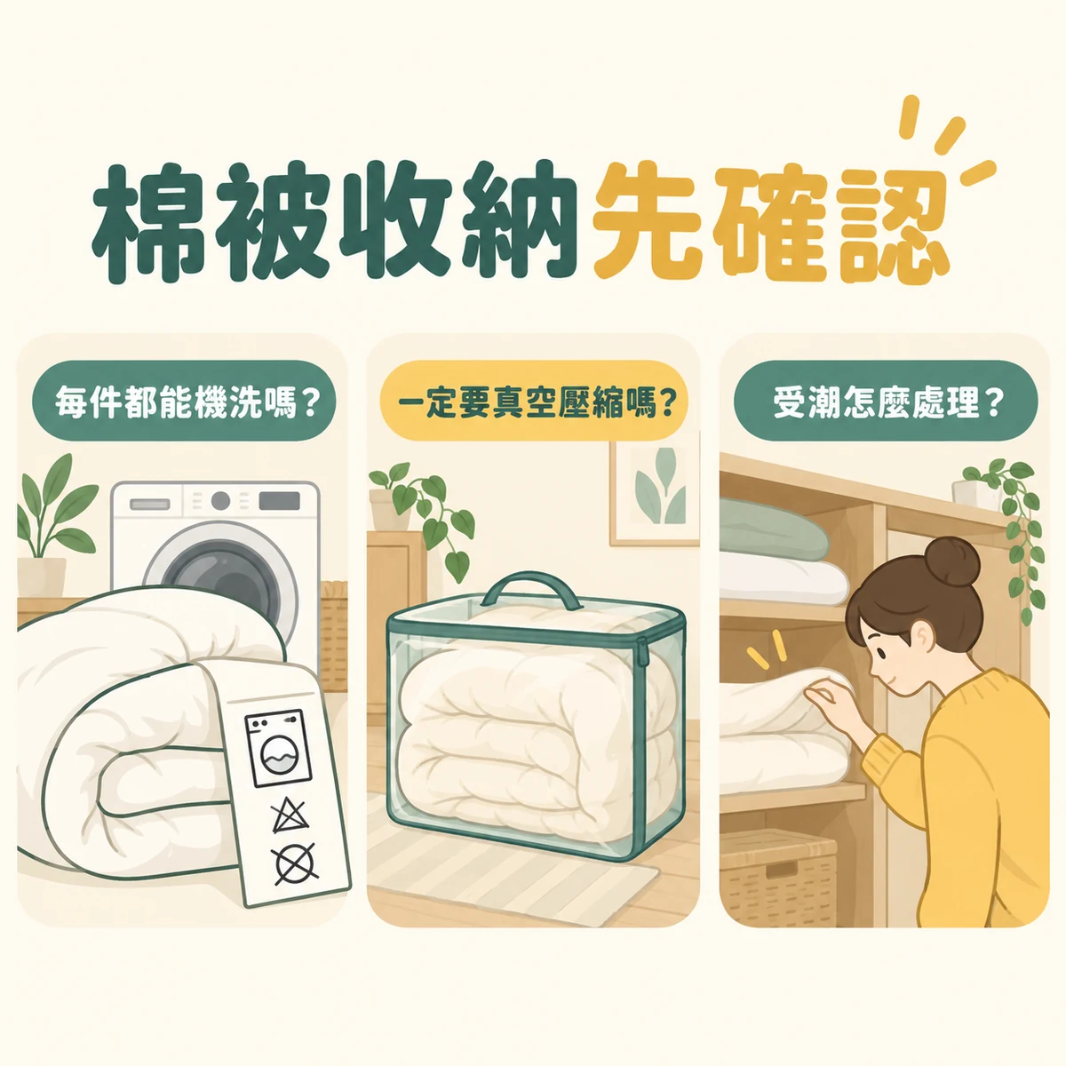 棉被機洗真空壓縮及受潮處理三項常見問題圖卡