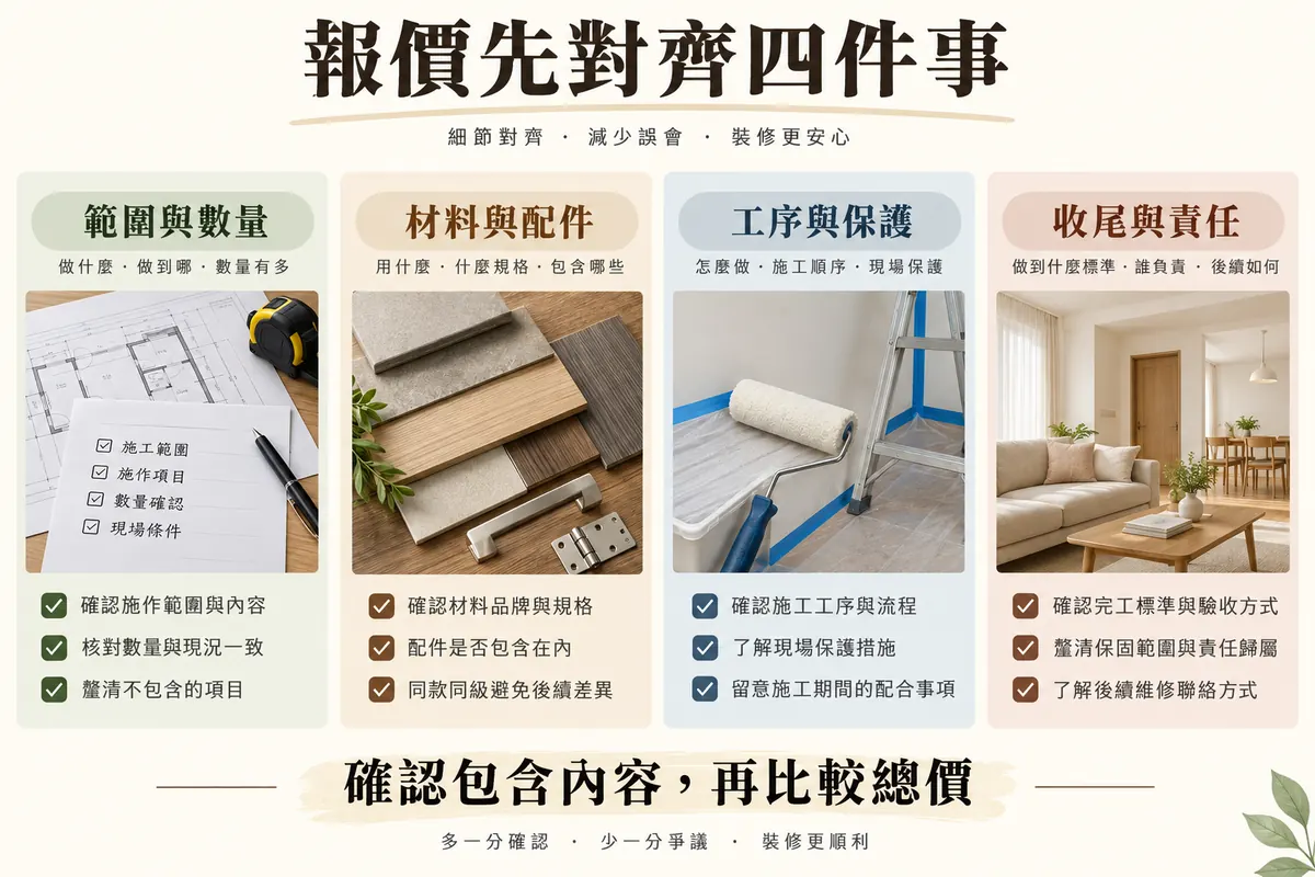 輕裝修報價範圍材料工序與收尾責任四項核對圖