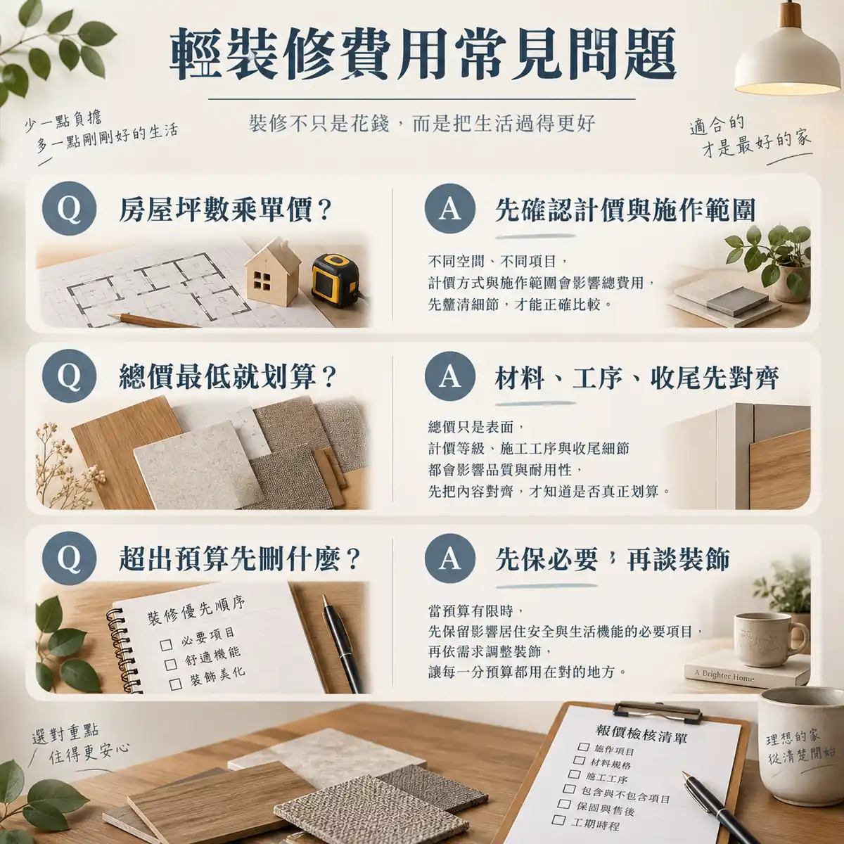 輕裝修坪數計價最低報價與預算取捨常見問題