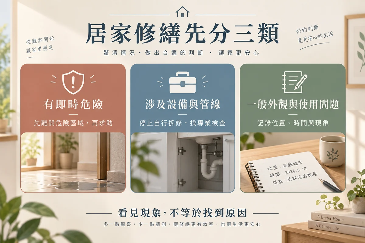 居家修繕依即時危險報修與一般觀察分類的示意
