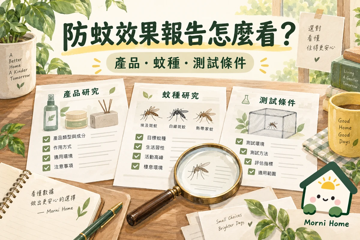 編輯桌上防蚊產品、害蟲與測試條件文件的閱讀概念插圖