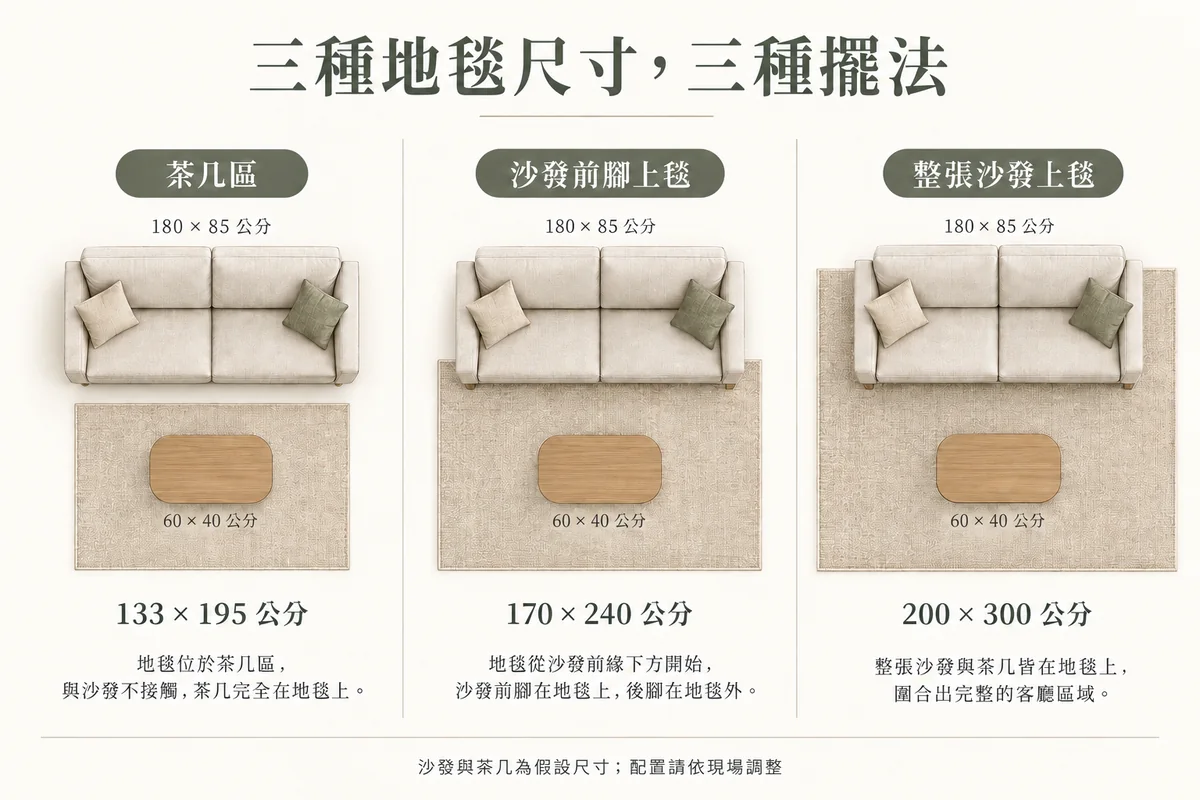 133乘195、170乘240與200乘300公分地毯，搭配假設家具尺寸的三種擺法示意
