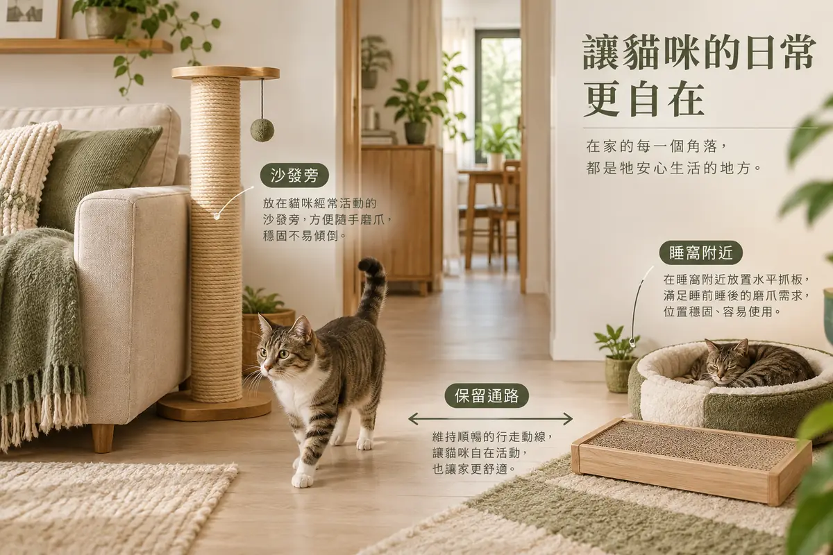沙發旁抓柱與睡窩附近水平抓板保留通路