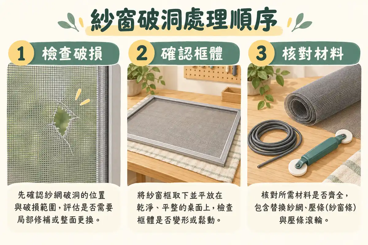 紗窗檢查破損確認框體及核對網材壓條三步驟