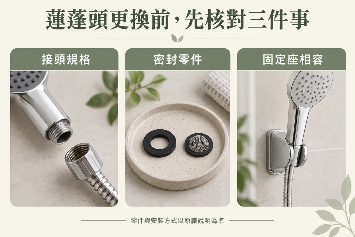蓮蓬頭接頭密封零件與固定座相容性的三項檢查示意