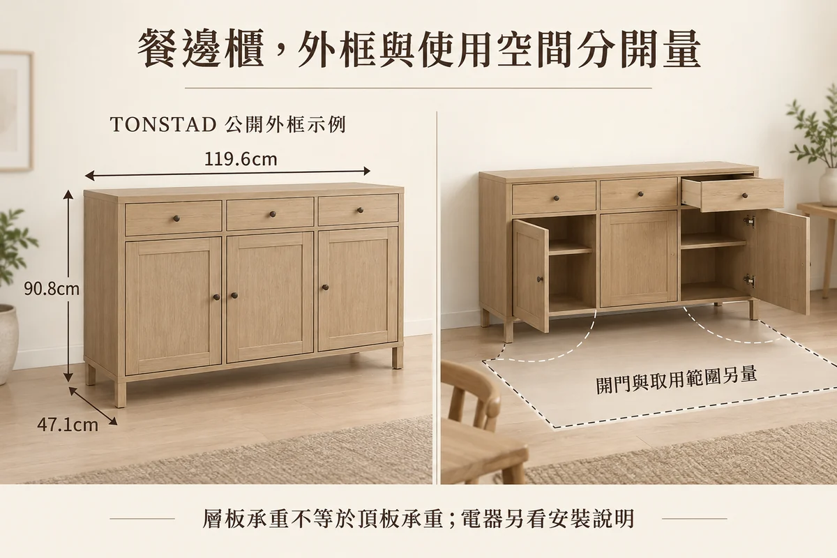 餐邊櫃公開外框尺寸與開門取用範圍分開丈量示意
