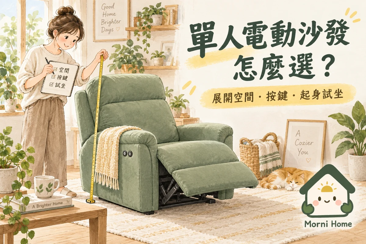 客廳中單人電動躺椅展開，使用者拿丈量筆記的選購插圖