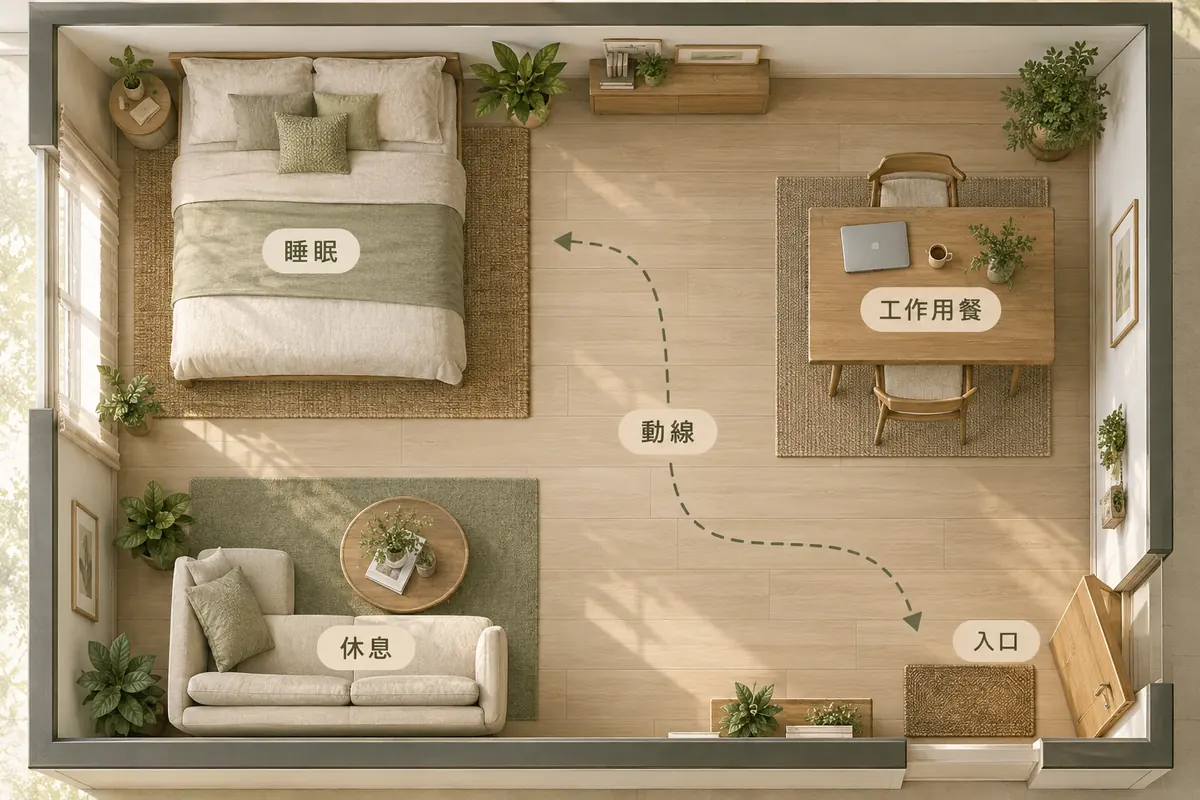 小房間睡眠休息工作用餐與入口動線分區