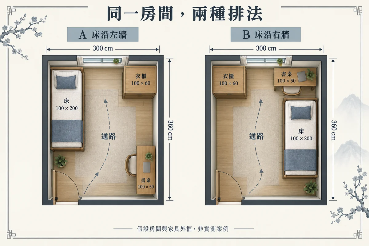 假設三百乘三百六十公分房間中床沿左右牆的兩套配置示意