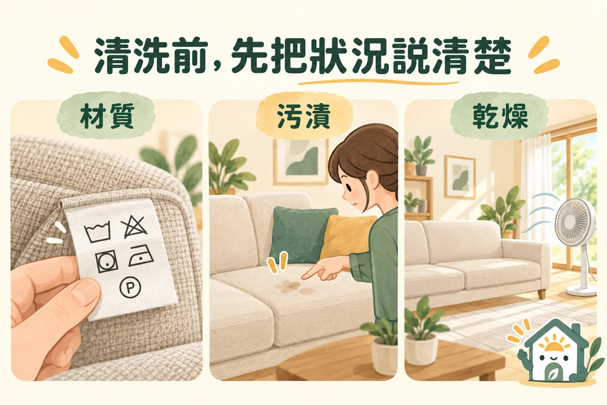 沙發清洗前先確認材質、污漬與乾燥條件的三項圖解