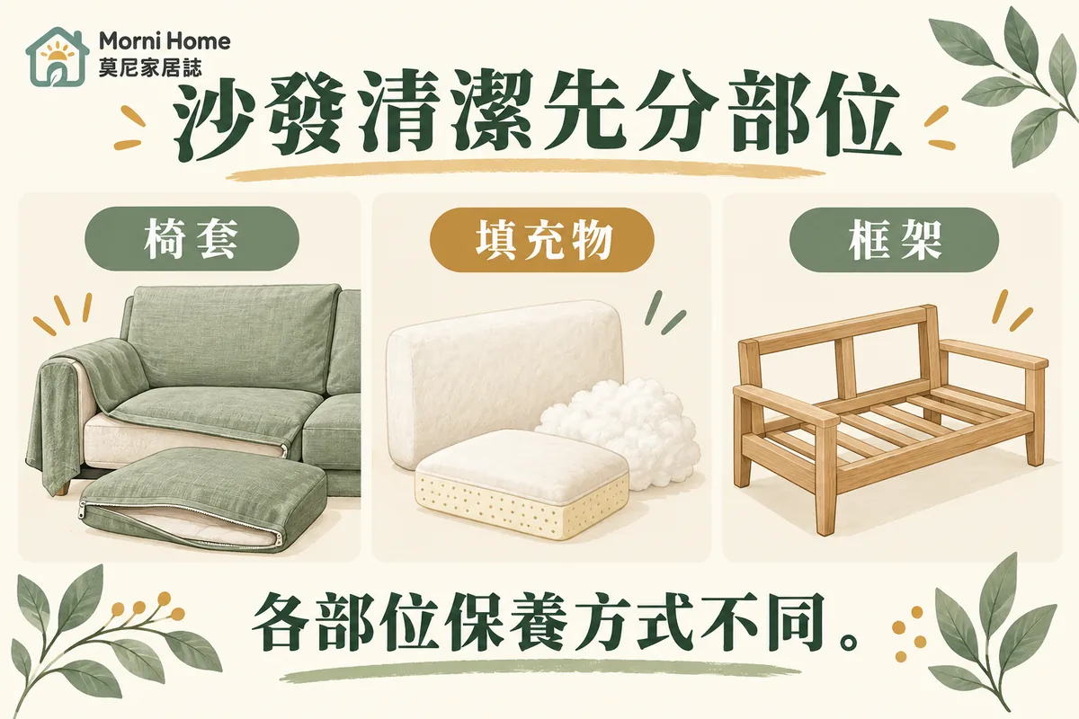 沙發清潔先確認型號、分部位與閱讀洗標的流程示意