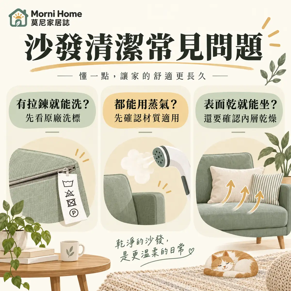 沙發拉鍊拆洗、蒸氣適用及乾燥判斷的常見問題圖卡