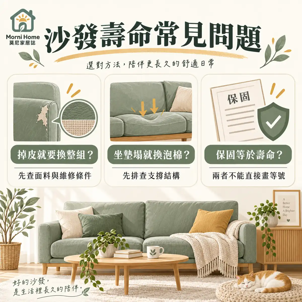 沙發掉皮、坐墊塌陷與保固年限的常見問題圖卡