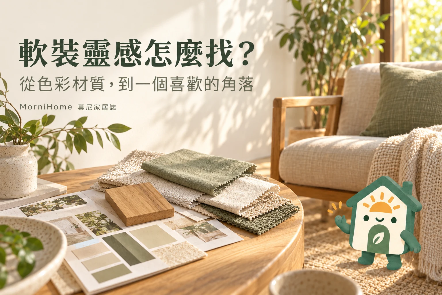 軟裝靈感指南封面,居家情境搭配 Morni 小屋插畫吉祥物